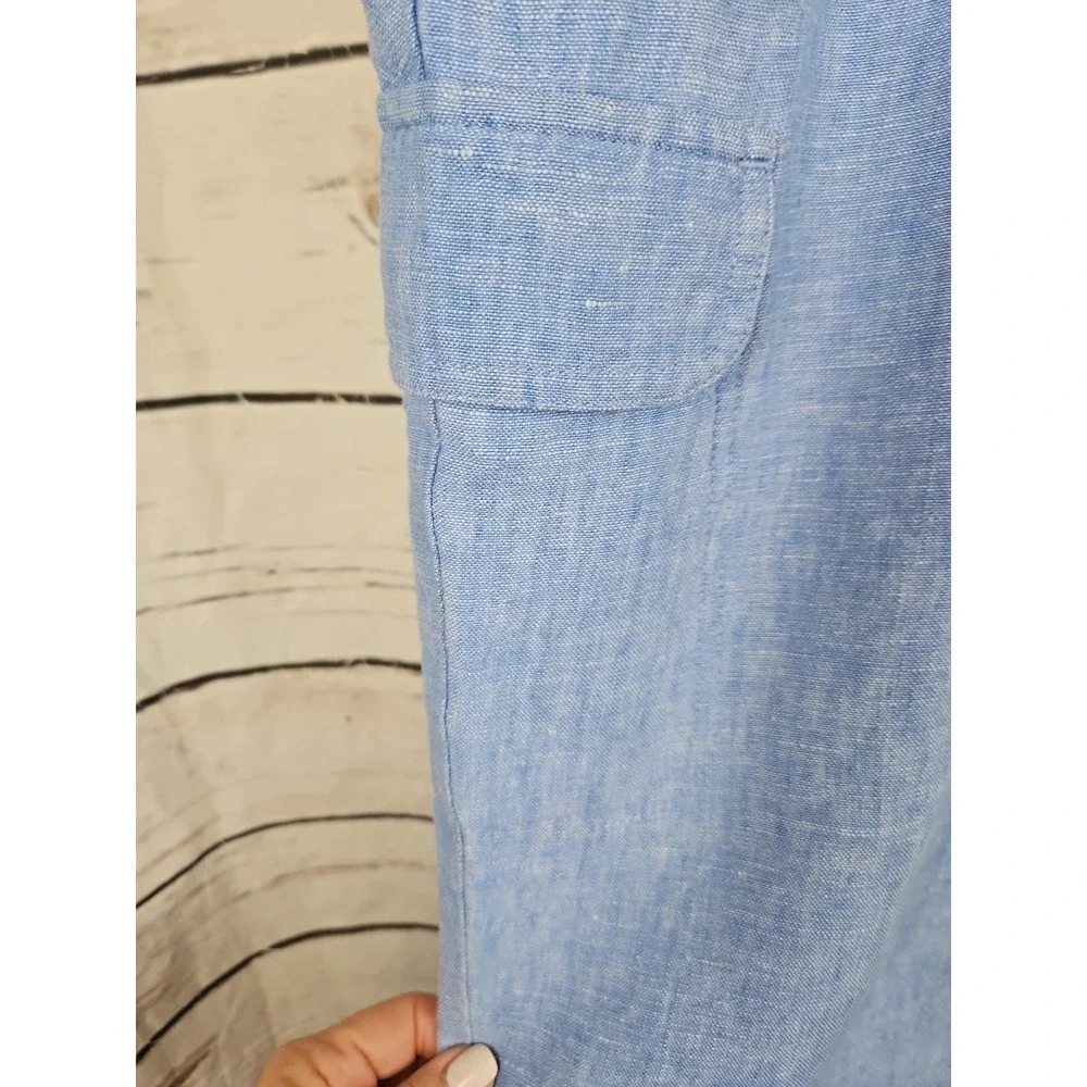 Talbots Blue Chambray Cargo Pull On Pants L Drawstring 100% Linen Cropped